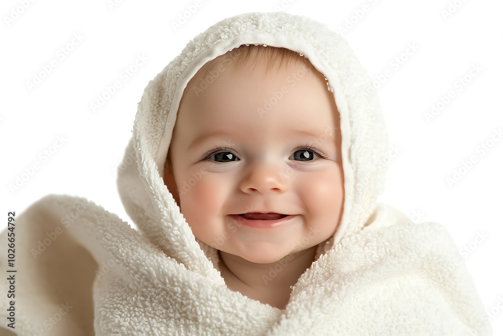 Delightful baby wrapped in a soft towel, warm smile, isolated against a white background, clean and clear closeup, high-definition focus. Delightful baby wrapped in a soft towel, warm smile, isolated against a white background, clean and clear closeup, high-definition focus.