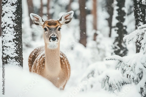 A deer in the woods standing under snow