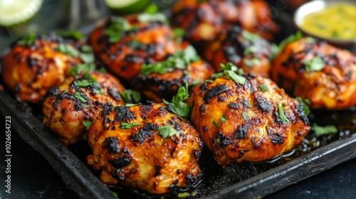 Close up of a plate of grilled chicken with parsley and lime wedges.