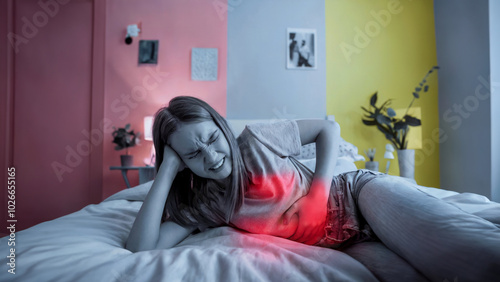 A woman in bed clutches her abdomen, grimacing in pain, with red highlights indicating severe discomfort or cramping. photo