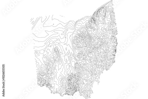 Ohio 1-bit contour map topography. Detailed elevation terrain lines in minimalist black and white vector graphic style. Scalable SVG file for cartography, GIS visualization, graphic design, education,