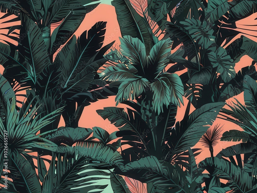 Tropical leaves and flowers seamless pattern with flat vector illustration of jungle foliage.