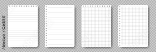 Set of Paper sheets from notepad. School copybook page with lines grid. Realistic White sheet template. Notebook for education. Blank notepaper with shadow isolated. Element for design