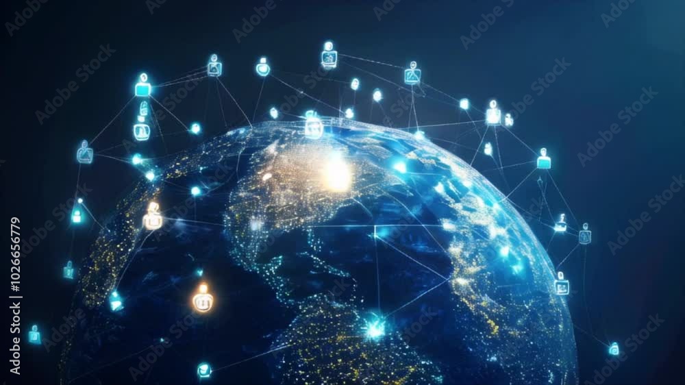 Global social media network connection, people icons on planet earth globe. Internet technology and online data exchange