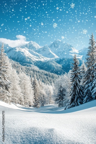 Beautiful winter landscape with snow covered mountains and trees on a snowy day