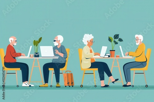 Elderly learners focus on their computer skills in a friendly educational environment, using laptops and sharing knowledge. Generative AI photo