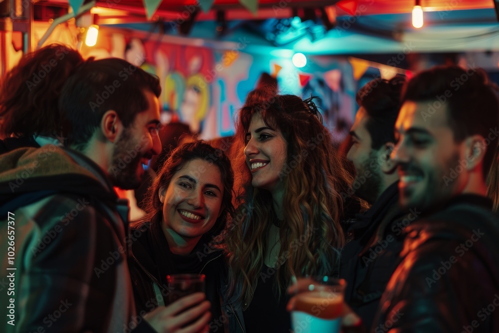 Group of friends having fun and drinking beer at a rooftop party. Group of friends having fun and drinking beer at a rooftop party.