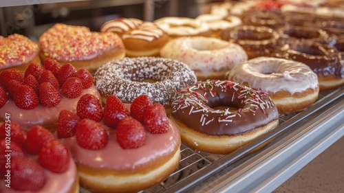 Donut many taste in showcase in sweet and dessert purpose. photo