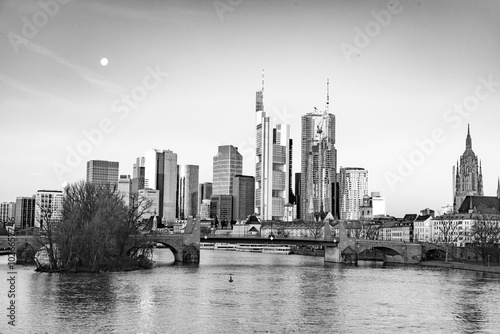 scenic skyline of Frankfurt am Main with reflection in the river, Germany