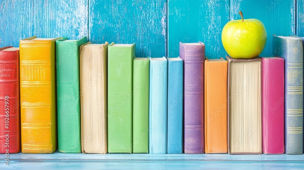 Naklejka premium On a blue background with stacked books are a red green apple and colorful pencils