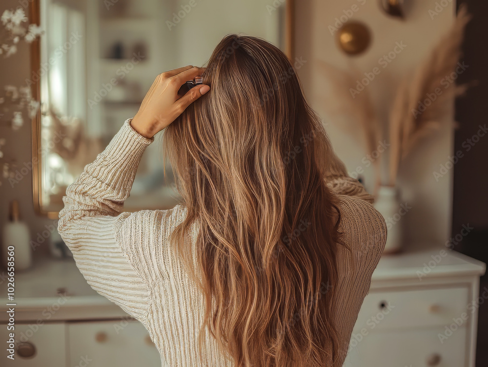 Fototapeta premium Asian Woman Applying Makeup in Morning