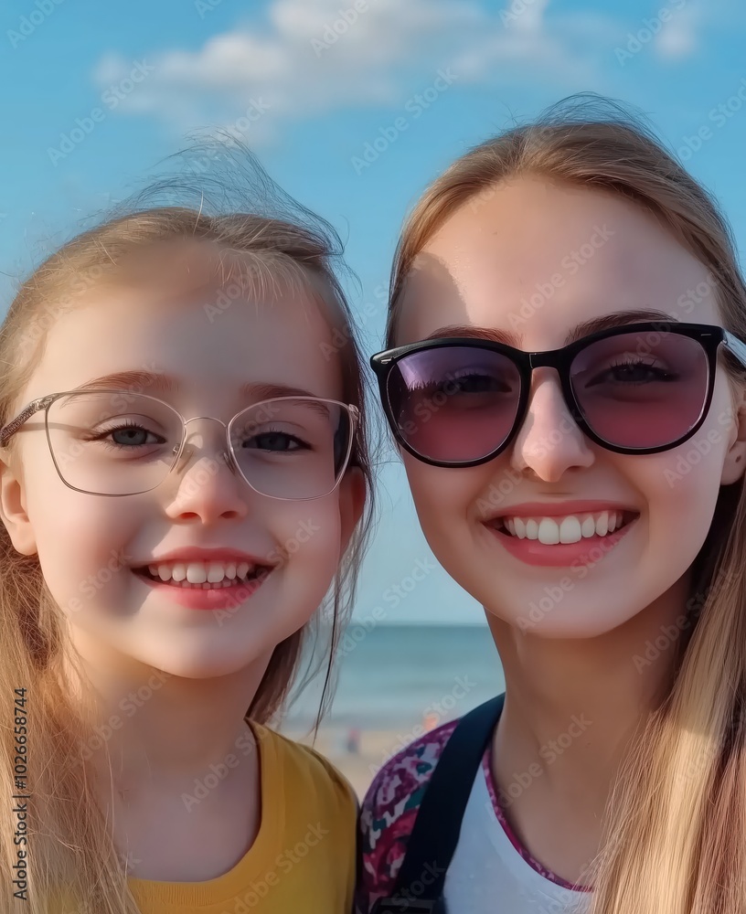 Title: Smiling Mother and Daughter with Glasses Enjoying a Beach Day
Title: Smiling Mother and Daughter with Glasses Enjoying a Beach Day
