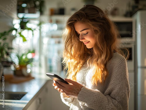 Smiling Woman Reading Smartphone Message