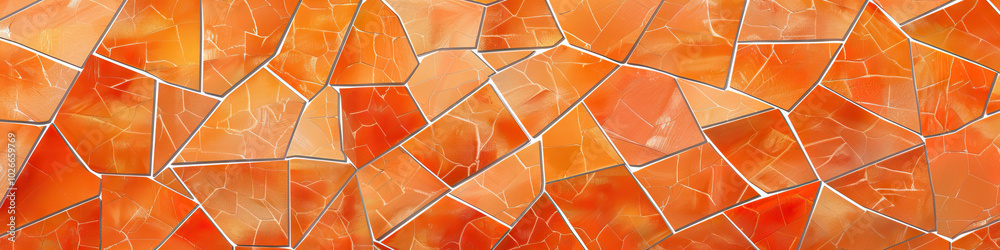 Minimalist Mosaic, Orange Tile: A clean, modern pattern of interlocking triangles forms a mural on a textured, orange surface.