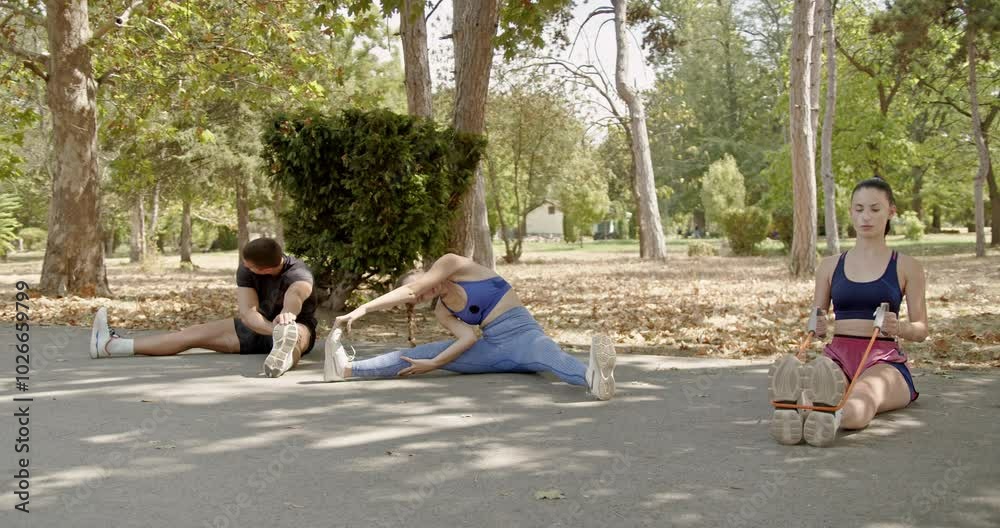 Young friends, two females and one male enjoy a sunny day, working out and doing fitness exercises in a green city park. Young friends, two females and one male enjoy a sunny day, working out and doing fitness exercises in a green city park.