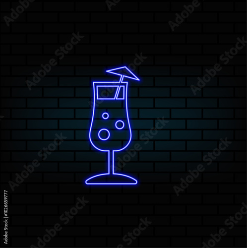 Cocktail neon icon. Drink in glass with slice of lemon and straw. Alcohol shot. Illuminated concept label for parties, events, bar, restaurant, cafe. Vector illustration isolated on black