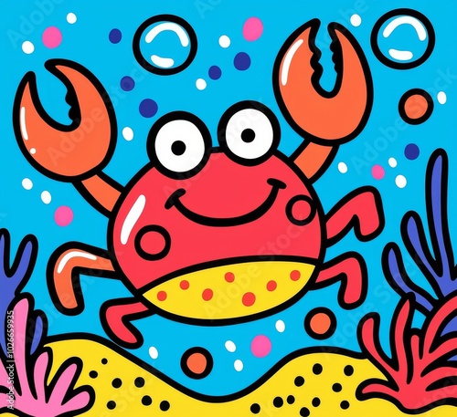 Black and white illustration for a coloring book featuring a cartoon crab. Underwater world. photo