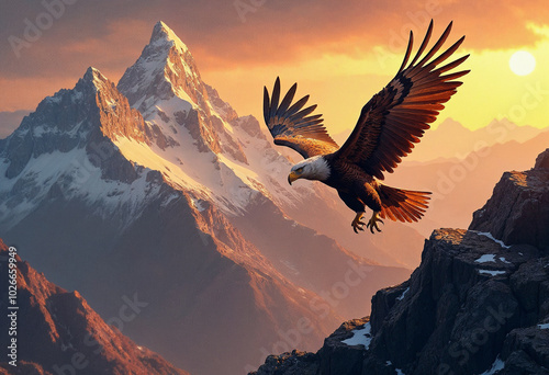 Majestic Eagle Soaring in the Mountain Sunrise