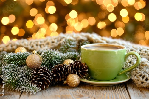 In the background there are candles and decorations. A coffee cup is on top of bokeh Christmas lights in a home on a wooden table with a sweater on the background.