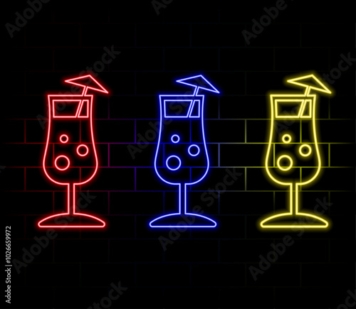 Glass of Champagne Neon Design Element. Carbonated Wine. Holiday Concept. Christmas Toast. New Year party. Glowing Vector Illustration