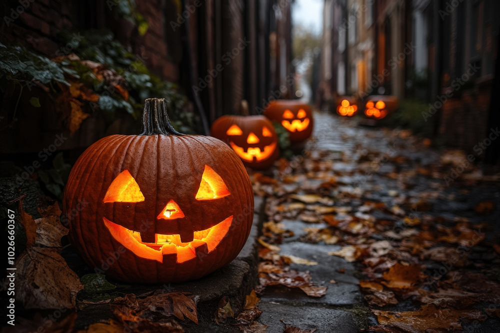 Spooky Halloween Night with Glowing Jack-o'-Lanterns in Dark Alley Spooky Halloween Night with Glowing Jack-o'-Lanterns in Dark Alley