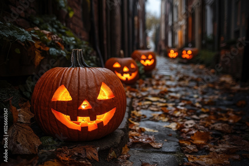 Spooky Halloween Night with Glowing Jack-o'-Lanterns in Dark Alley 