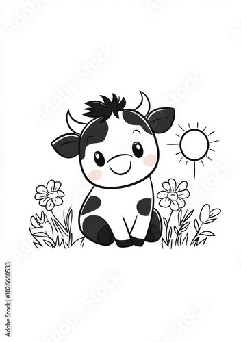 This is an educational game for children with a cute kawaii cow with flowers. An animal coloring page.