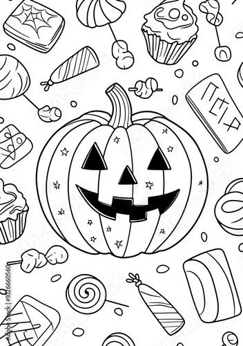 Animated doodle coloring book for adults with Halloween pumpkins and candies.
