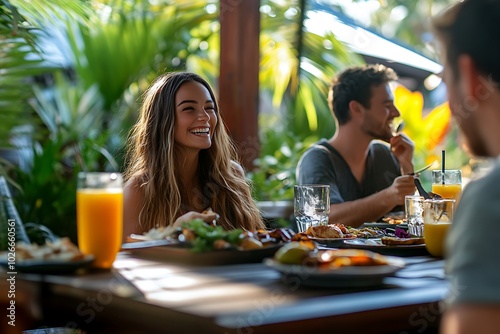 Friends enjoying an outdoor lunch on a rustic wooden terrace, laughing and talking, delicious food, tropical garden backdrop.