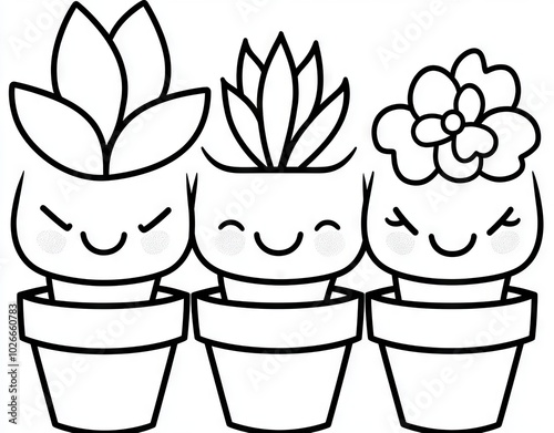 Kids' coloring book with kawaii flowers, set collection of potted plants with eyes. Contour, silhouette of indoor, domestic plants with cute eyes.