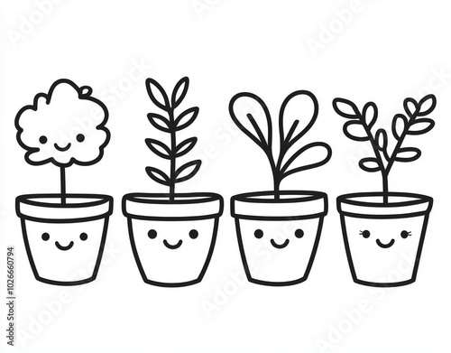 Coloring book for children with kawaii flowers, plants in pots. Contours, silhouettes of indoor, domestic plants with eyes. Funny cute design for children. photo