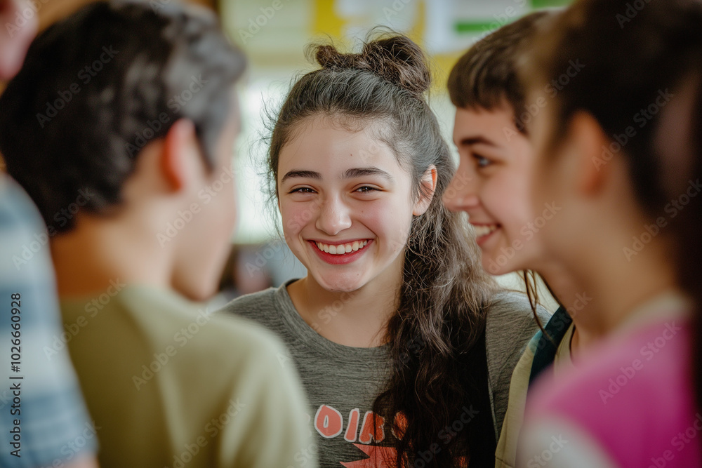 Obraz premium Smiling teenage girl chatting with friends indoors