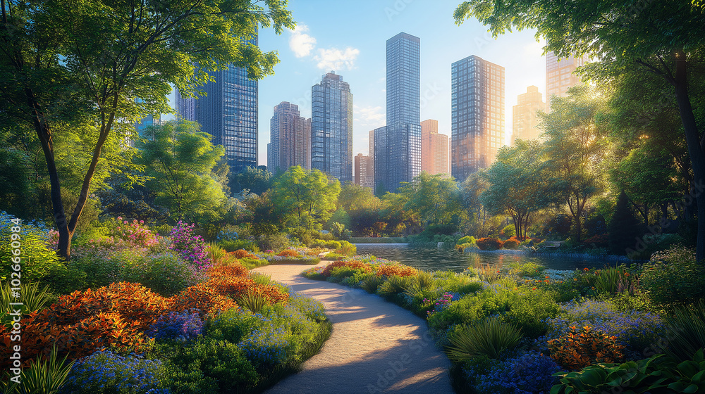 Fototapeta premium Lush Urban Garden Amidst Towering Skyscrapers Showcasing Nature and City Life Blend