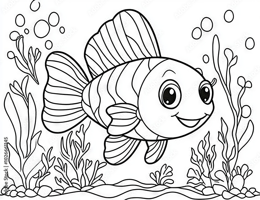 Fototapeta premium Fish coloring page for kids. Prints at 11x8.5 inches