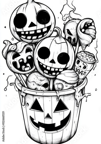 Coloring page for Halloween pumpkin with candy. Black and white outline. Anti-stress activity.