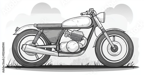 The motorcycle is a modern illustration coloring page for book or drawing. Isolated on white background is black contour sketch illustration with no fill. High speed vehicle. Graphic element. photo