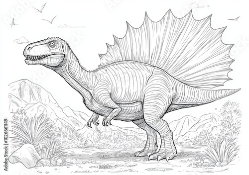 – Acrocanthosaurus, a big and carnivorous dinosaur. A dinosaur coloring page and a dinosaur coloring book template. photo