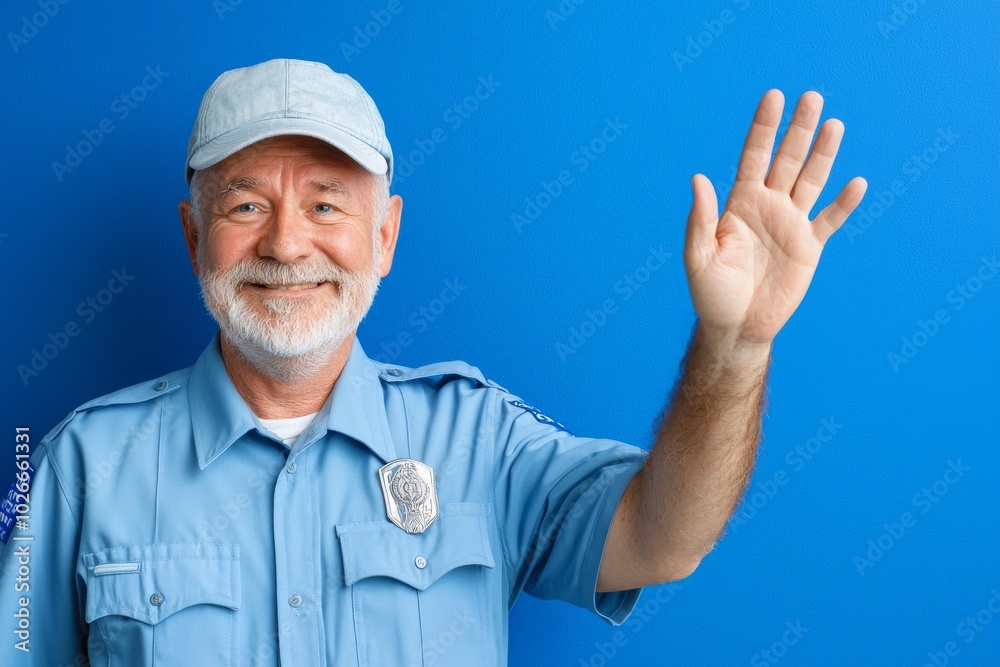 The handsome man wearing a police uniform makes an oath of loyalty, placing his hand on his chest and opening his palm The handsome man wearing a police uniform makes an oath of loyalty, placing his hand on his chest and opening his palm