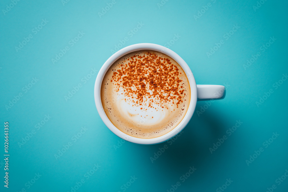 White cap of cappuccino with milk foam on bright blue turquoise background. Flat lay with black hot coffee mug. Coffee love minimal trendy concept. top view backdorp with copy space. White cap of cappuccino with milk foam on bright blue turquoise background. Flat lay with black hot coffee mug. Coffee love minimal trendy concept. top view backdorp with copy space.