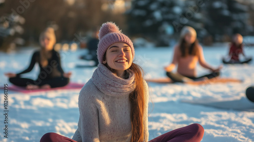 Smiling woman in winter yoga session outdoors with group in snow