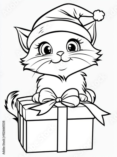 Illustration of cute kitten smiling with a Christmas gift. Colorful winter coloring book for children. photo