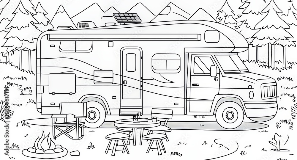 Fototapeta premium Family travel coloring book with an illustration of a motorhome parking lot in the background of a mountain landscape.