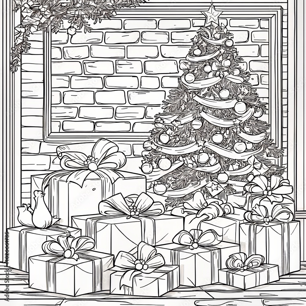 Fototapeta premium An illustration isolated on white background showing gifts under the Christmas tree. Zen-tangle style coloring book for kids and adults. Illustration isolated on white background.