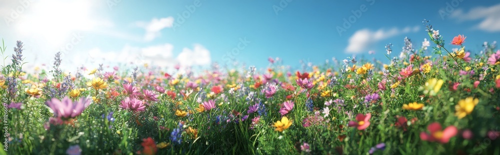 Vibrant wildflower field under a clear blue sky with bright sunlight shining on colorful blooms Vibrant wildflower field under a clear blue sky with bright sunlight shining on colorful blooms