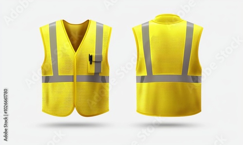 Reflective vest icon sign flat style design modern illustration set. Yellow fluorescent security safety work jacket with reflective stripes. Front and back views. photo