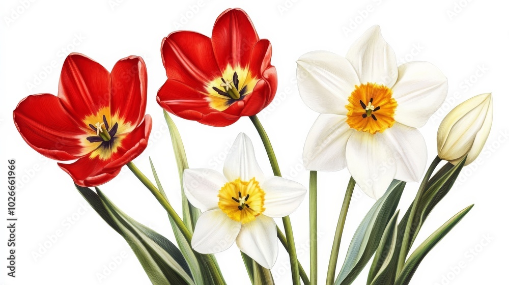 Spring narcissus isolated on white, red tulip Spring narcissus isolated on white, red tulip