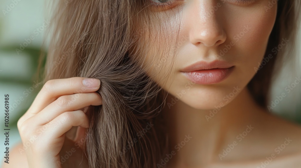 Closeup of a woman's face with her hand touching her long brown hair. Closeup of a woman's face with her hand touching her long brown hair.
