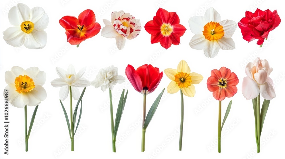 Obraz premium Narcissus, red tulip isolated on white