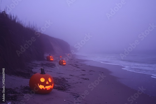 Spooky Halloween Pumpkins on Foggy Beach at Dusk photo