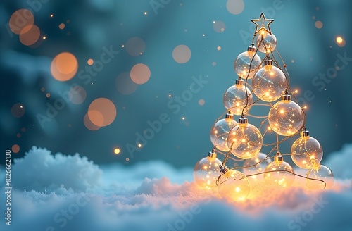 New Year's concept, Christmas theme. Christmas tree made of glass transparent balls in the snow on the background of a winter blue landscape with bokehChristmas banner, Xmas design of Christmas tree. photo